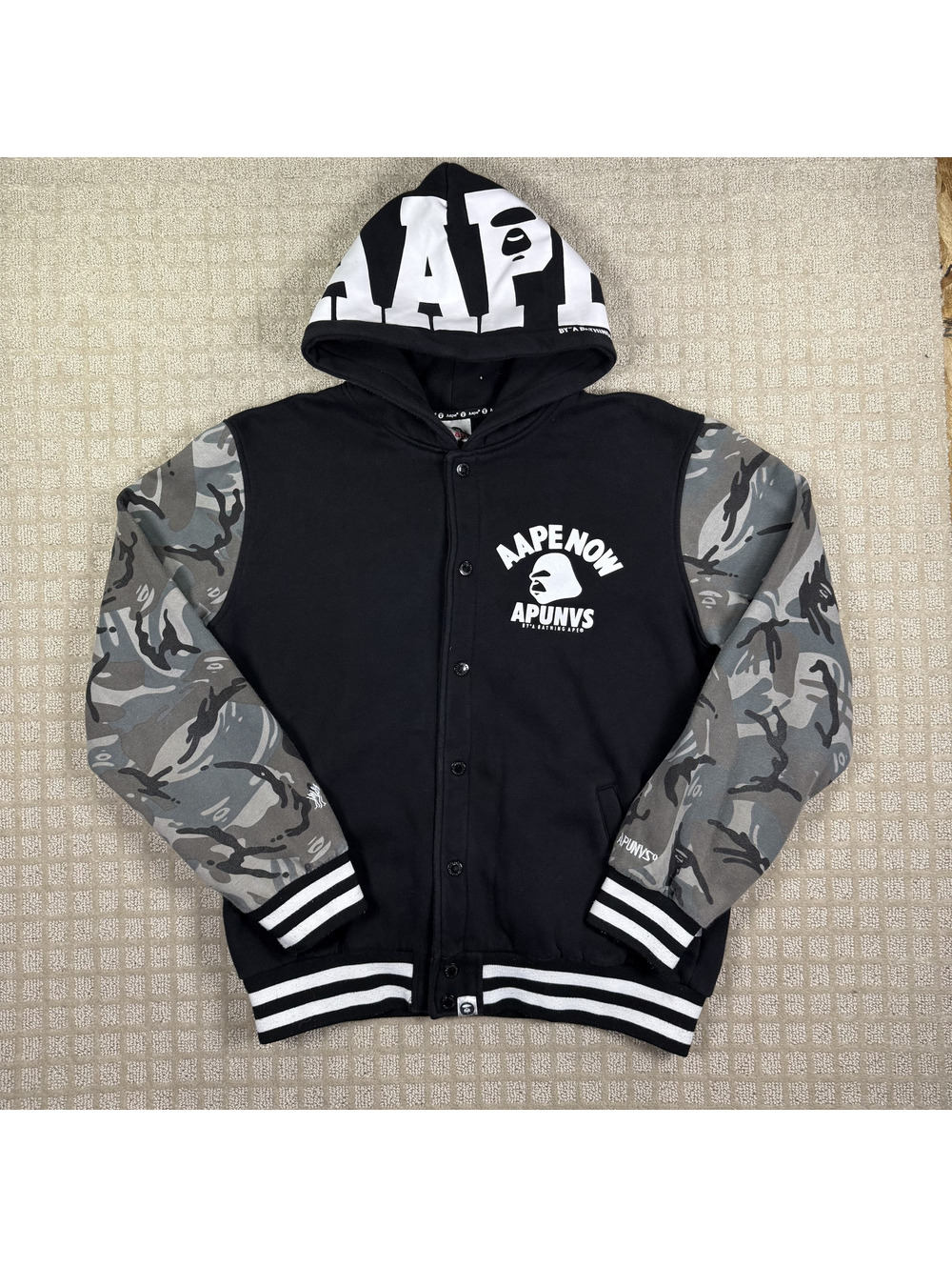 Aape By Bape Camo Sleeve Hooded Varsity Jacket L
